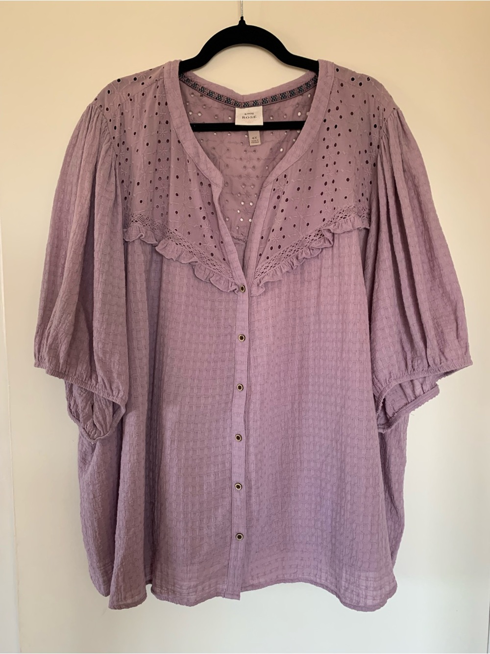 Knox Rose 100% Cotton Lavender Eyelet V-Neck Blouse Plus Size 4X Dusty Lilac